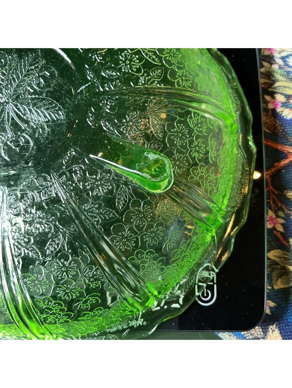 Vintage Green Depression Glass Footed Serving Bowl with Cherry Blossom Pattern